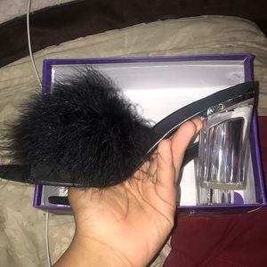 Clear heel, black fuzzy/furry feather slip on mule